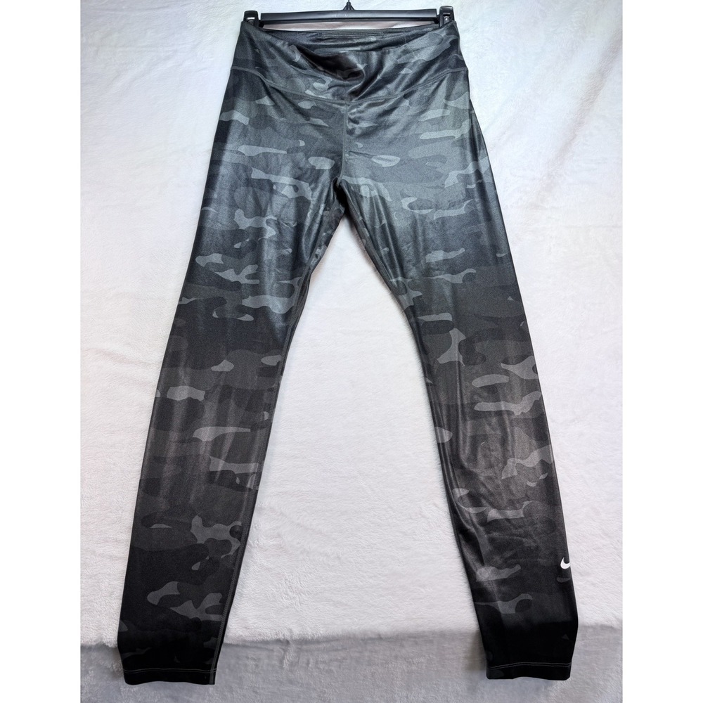 Nike Dri-FIT One Womens Large Camo Leggings Black Gray Shiny Sheen Mid Rise Lg